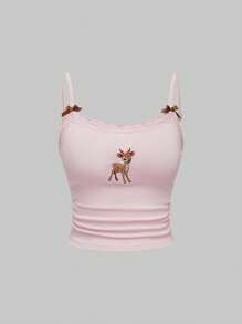 ROMWE J-Fashion Cute Deer Embroidered Lace Blouse Paired With Deer Print Shorts