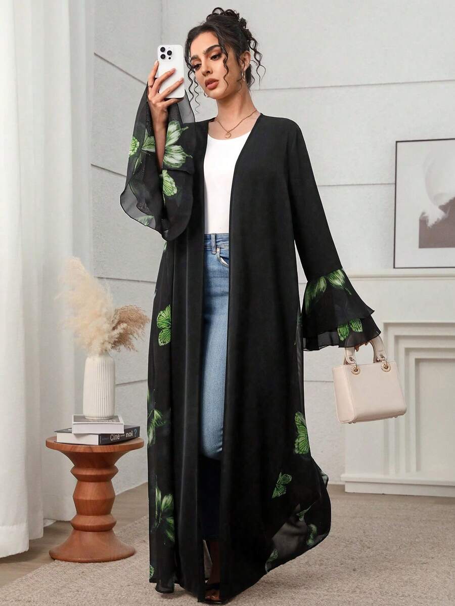 Yasmyna 女式花卉印花阿拉伯罩衫，喇叭袖，前开襟，朴素长袍，阿巴雅 - 綠色 - 查看 1