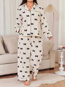 Dream Adore Conjunto de pijama de manga larga con cuello de solapa, lazo y franja de color contrastante en talla grande, ideal para vacaciones