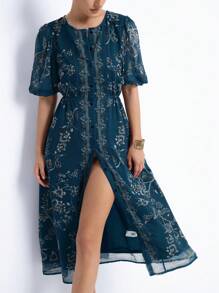 Aveloria Modichic Retro Style Chiffon Puff Sleeve Round Neck Single Breasted Dress - Dark Green - View 4