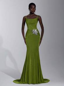 Elitara 优雅绿色细肩带褶饰腰部花卉 3D 装饰美人鱼尾礼服，适合约会、度假、派对、婚礼、毕业典礼、鸡尾酒会、礼服、晚会、婚礼宾客 - 綠色 - 查看 1