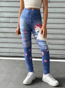 SHEIN Explorewe Tween Girl Unicorn & Letter Print Long Pants With Denim Effect - Blue - View 5