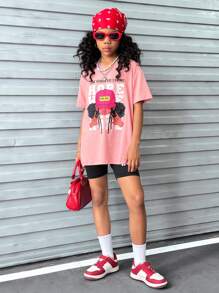 2pcs Set Tween Girl Letter Graphic Tee & Bike Shorts, Fashionable & Cool - Multicolor - View 1