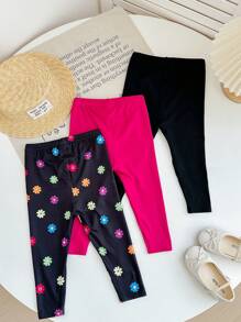Set de 3 piezas de leggings casuales y cómodos con estampado floral para bebé niña, incluye pantalones negros y rosas - Multicolor - Ver 7