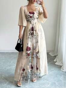 Rafferiza Floral Embroidered V-Neck Casual Elegant Spring/Summer Dress - Apricot - View 1