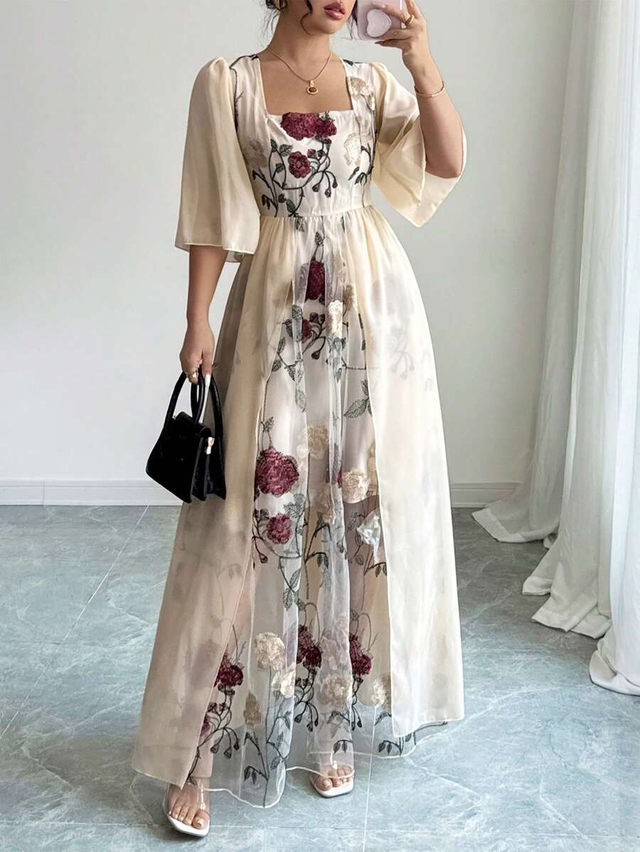 Rafferiza Floral Embroidered V-Neck Casual Elegant Spring/Summer Dress - Apricot - View 1