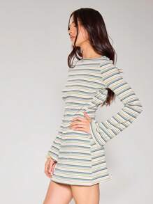 MUSERA Boat Neck Extreme Scoop Back Striped Fitted Flared Long Sleeve Mini Dress Summer Cute Vacation Ibiza Western Holiday Airport Outfit Winter Evening - Yellow - View 5