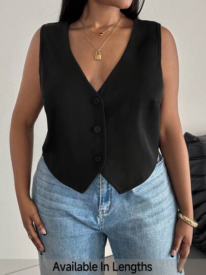 SHEIN PETITE CURVE 大码女式休闲纯色无袖衬衫，夏季，商务休闲女式情人节