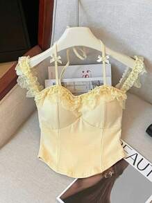 Flirla Plus Size Women's Digital Print Flower Edge Bow Ruffle Camisole - Yellow - View 1