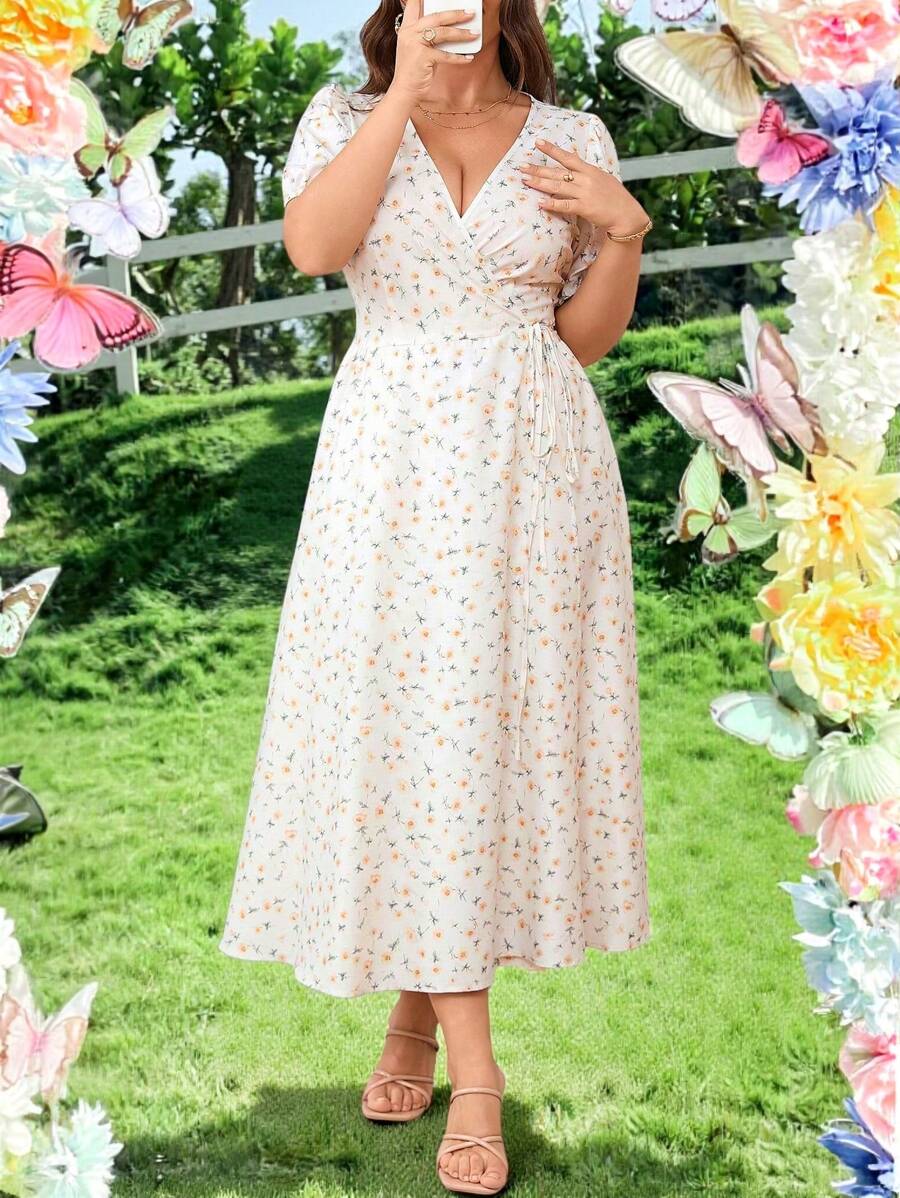 SHEIN Clasi 大码女装热销波西米亚风清新简约印花V领系带短袖摆腰显瘦中长款优雅度假春夏连衣裙