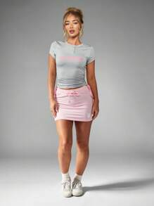 Missguided x Playboy Jupe mini sport-casual de designer, style mode athleisure avec cordon de serrage, moulante et élastique, pour danse, fitness, entraînement, style sport, pour l'été et le printemps