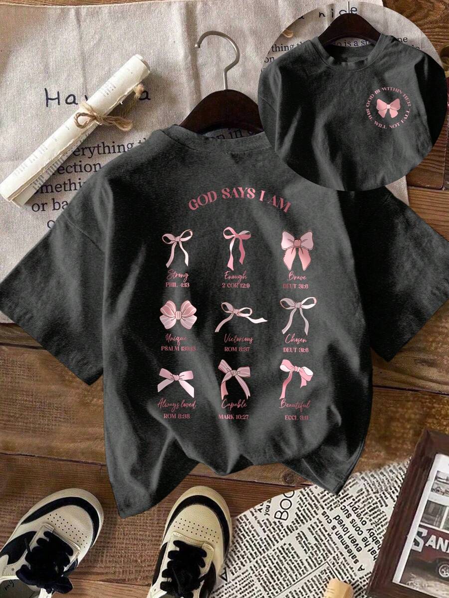SHEIN EZwear 大码女式字母蝴蝶结印花短袖休闲T恤 - 深灰色 - 查看 1