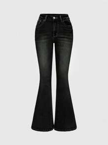 ROMWE Goth Women's Rhinestone Embroidered Wing Flared Casual Low Waist Jeans - Black - View 4