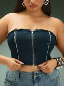 Denimoi Top de mezclilla con cremallera delantera y bordes deshilachados en talla grande - Azul lavado oscuro - Ver 2