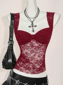 SHEIN ICON 女式蕾丝后背系带开衩性感时尚背心 - 酒紅色 - 查看 12