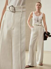 MOTF PREMIUM LINEN PRESS CREASE BELTED SUIT PANTS - Beige - View 8