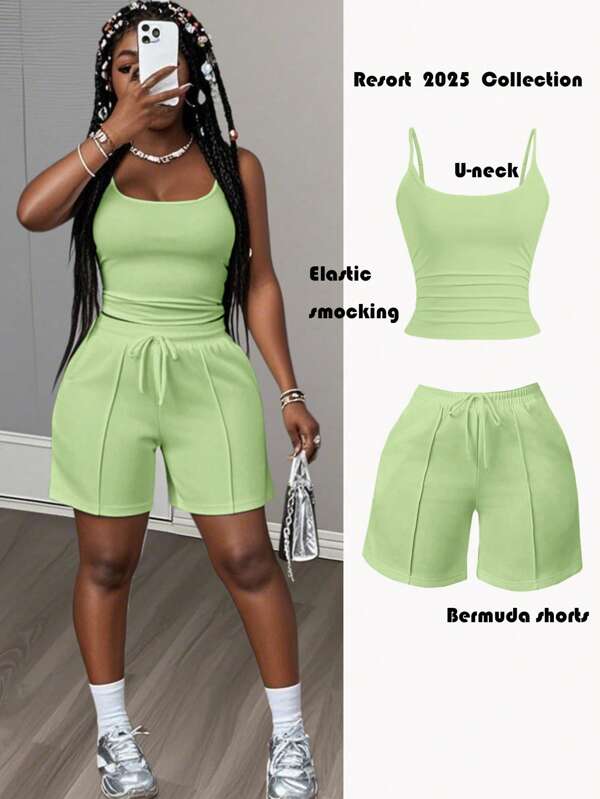 Slaydiva New Spring And Summer Casual Basic Sports Style U-Neck Suspender Vest + Five-Point Trousers With Tooth Strips Decorative Sweatpants White Women's Two Pieces Set-A