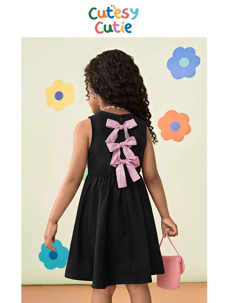 Vestido ajustado de cuello redondo sin mangas de unicolor para niña joven - Negro - Ver 1