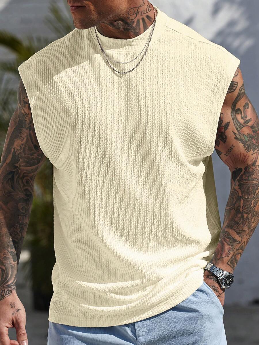 Manfinity Homme Men's Solid Color Textured Fabric Round Neck Casual Tank Top - Beige - View 1