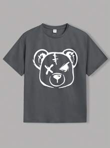 SHEIN Set de 3 camisetas de manga corta de punto holgado con estampado de oso en estilo coreano/japonés para niño preadolescente, 3 colores - Gris - Ver 3