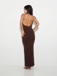 KIZN Luxurious Chain Strap Maxi Dress Evening Bodycon Floor Length Gown Fitted Form Special Occasion Statement Holiday Season Party Elegant - Brown - View 2