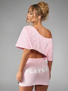 Missguided x Playboy Top corto de hombros al descubierto con estampado de conejito, de algodón, para verano, resort, casual, descanso, festival, club, ropa deportiva activa, moda de ocio