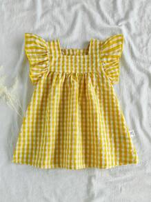 SHEIN Vintaside Kids Baby Girls' Summer Green Plaid Cap Sleeve Casual Dress, Countryside Style, Floral Print, Lightweight, Suitable For Outdoor, Homewear, Casual Parties