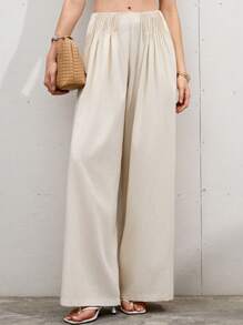 Femmeiva Beige Autumn Modest Vacation Holiday Women's Faux Linen High Waist Wide Leg Palazzo Pants,Luxurious Old Money Design Feminine Commuter Smart Trousers - Apricot - View 1