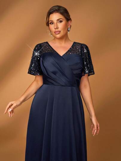 Serin Plus Size Elegant Romantic Gorgeous Navy Blue Sequins Stitching Satin Sweetheart Neckline Pleated Ruffles Short Sleeves A-Line Hem Suitable For Prom Dinner Bachelorette Party Wedding Event Holiday Music Festival Party Evening Dress Bride Mother Dress