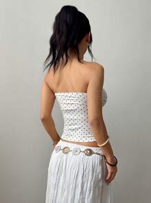 Flirla Petite Women's Casual Front Knot Polka Dot Print Cropped Top - White - View 2
