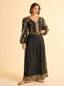 CAJUNI Plus Size Boho Vintage Resort Casual Ocean Print Loose Wide Leg Pants - Multicolor - View 6