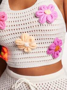 SHEIN SXY 2 piezas Conjunto de top halter de malla hueca con decoración floral 3D colorida y falda lápiz de punto para mujer en otoño/invierno - Multicolor - Ver 7