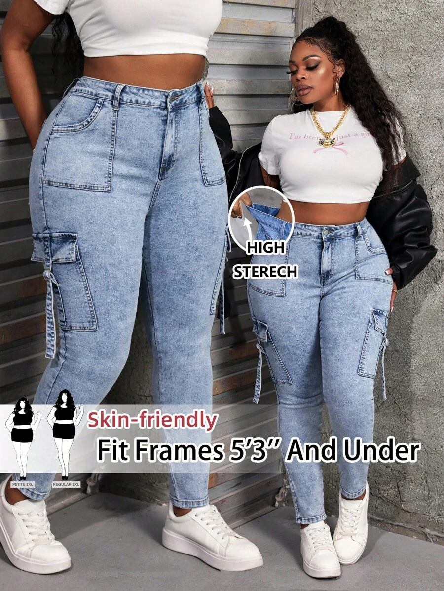 SHEIN PETITE CURVE Plus Size Women Light Blue Denim Stretch Skinny ...