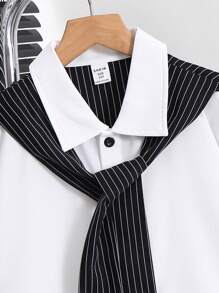 Ținută casual pentru băieți preadolescenti, 2 buc.: cămașă cu guler scurt și pantaloni scurți cu talie elastică, confortabilă, la modă, versatilă, moale, potrivită pentru primăvară, vară, purtare zilnică, joacă în aer liber, școală, stradă, petrecere și timp liber. - Alb-negru - Vizualizare 7