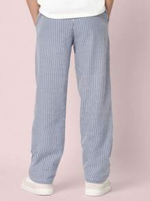 SUMWON Twill Seersucker Pull On Pants Relaxed Fit Classic Stripe Pattern Straight Leg Casual Everyday School Uniform Style Vacation Spring Summer