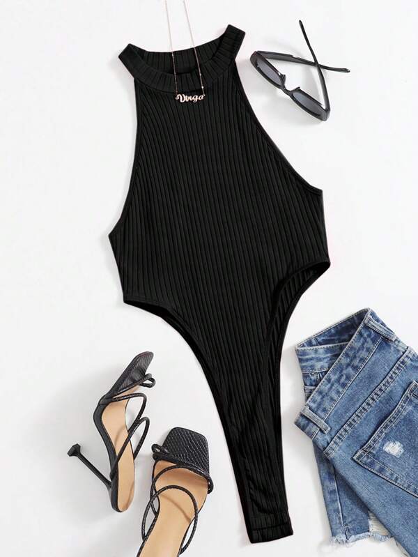 SHEIN ICON Body negru cu șalter Y2k, tricot în coaste, pentru vară
