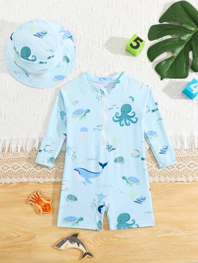 Conjunto de traje de baño de manga larga con estampado de ballena y sombrero para el sol para bebé/niño pequeño