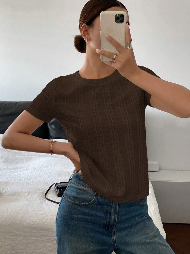 Siren Gaze Camiseta de cuello redondo de manga corta de unicolor para mujer, versátil para el verano - Café integral - Añade 4