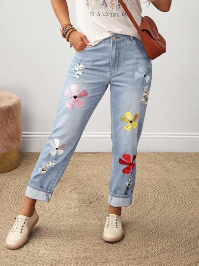 EMERY ROSE Women's Floral Embroidered Pocket Summer Casual Jeans Flower Jeans Floral Jeans Embroidered Flower Jeans Jeans With Flower Designs Embellished Jeans