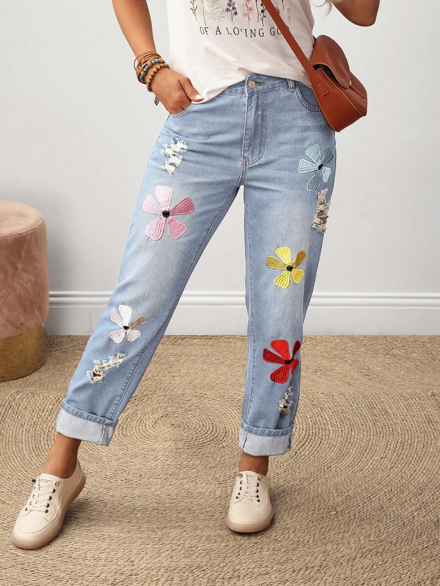 SHEIN Tall 女士休闲度假通勤花卉刺绣做旧修身牛仔裤 - 藍色 - 查看 1