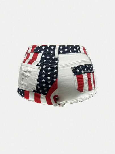 ROMWE Avant Plus Size American Flag Patchwork Distressed Low Waist Denim Shorts
