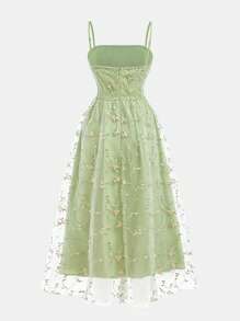 Girlism Vestido camisero verde con bordado floral y malla para adolescentes, vestido de verano, vestido para té, vestido en tonos pastel