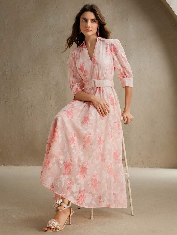 Romantic Jacquard Jacquard 3/4 Sleeve V-Neck Midi Dress With Belt, Vacation Style, Suitable For Valentine's Day