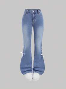 SHEIN Girlism 千禧少女时尚水洗宽松高弹喇叭牛仔裤，撞色设计，可爱蕾丝蝴蝶结装饰口袋，适合女孩夏季海滩波西米亚风度假、夏季音乐会、音乐节、休闲派对、夏季早午餐、教堂毕业典礼等场合。 - 淺色水洗藍 - 查看 5