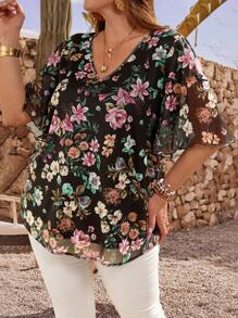 EMERY ROSE Plus Size Women Floral Print Ruffle Sleeve Loose Blouse Vacation Summer Tunic Top,Flower/Spring - Black - View 3