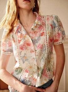 Écloséra Elegant And Fashionable Women's Embroidered Puff Short-Sleeved Shirt, Summer Women's Button-Down Shirt, Ladies Teacher Clothing - Multicolor - View 3