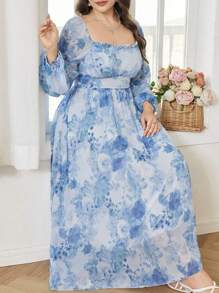 Modelyn Elegant Floral Print Off Shoulder Long Sleeve Cinched Waist A-Line Plus Size Dress, Spring/Summer - Multicolor - View 1