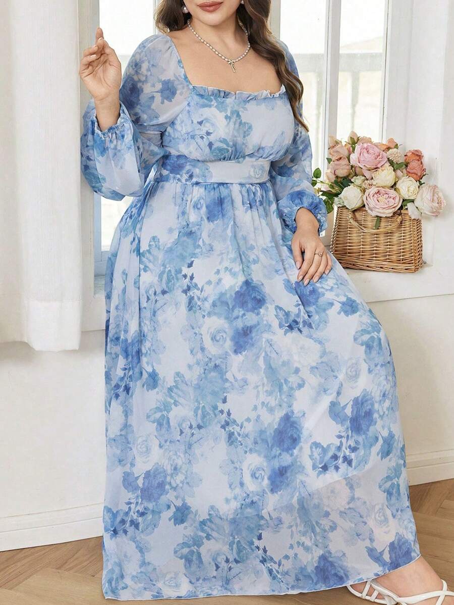 Modelyn Elegant Floral Print Off Shoulder Long Sleeve Cinched Waist A-Line Plus Size Dress, Spring/Summer - Multicolor - View 1