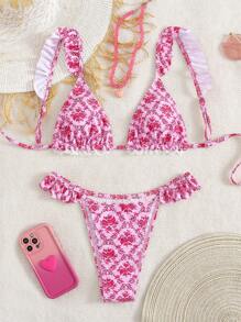 Swim Mod 2pcs Floral Lace Trim Adjustable Tie Swimsuit Top & Ruffle Trim Swimsuit Bottom Pink Bikini Set, Summer Vacation - Pink - View 6