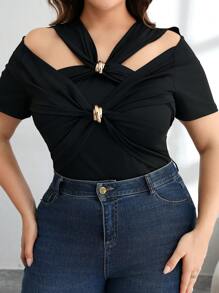 Modelyn Plus Size Asymmetrical Design Twist Knot Metal Button Fitted Elegant T-Shirt, Spring/Summer - Black - View 5